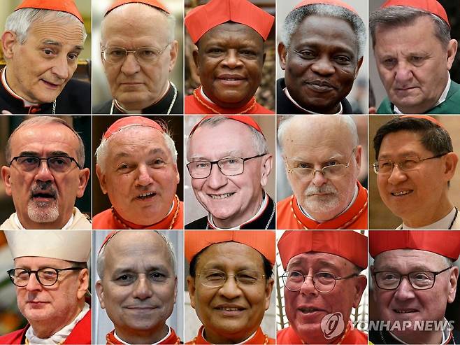 차기 교황 후보로 거론되는 추기경 15인 맨 위부터 왼쪽에서 오른쪽 순서로 마테오 주피(이탈리아), 페테르 에르되(헝가리), 프리돌린 암봉고 베숭구(콩고민주공화국), 피터 턱슨(가나), 마리오 그렉(몰타), 피에르바티스타 피자발라(이탈리아), 장마르크 아벨린(프랑스), 피에트로 파롤린(이탈리아), 안데르스 아르보렐리우스(스웨덴), 루이스 안토니아 타글레(필리핀), 클라우디오 구제로티(이탈리아), 로버트 프레보스트(미국), 찰스 마웅 보(미얀마), 장클로드 올러리슈(룩셈부르크), 티모시 돌런(미국) 추기경. [AFP 연합뉴스 자료사진. 재판매 및 DB 금지]