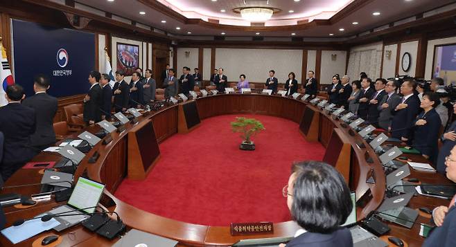 이주호 대통령 권한대행 부총리 겸 교육부 장관과 국무위원들이 지난 2일 정부서울청사에서 임시 국무회의 전 국기에 경례를 하고 있다.(사진=연합뉴스 제공)