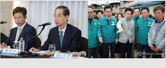 무소속 한덕수 대통령선거 예비후보가 6일 서울 중구 코리아나호텔에서 열린 관훈토론회에서 기조연설을 하고 있다(왼쪽 사진). 같은 날 국민의힘 김문수 대선 후보가 대형 산불 피해를 입은 경북 영덕군 영덕읍 석리 따개비마을을 방문해 복구 현황을 살펴보고 있다. [연합뉴스]