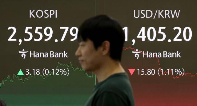 지난 2일 서울 중구 하나은행 딜링룸 전광판에 환율과 코스피가 표시돼 있다. 뉴시스