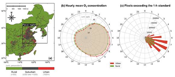 도심과 농촌 지역의 시간대별 오존 농도 및 기준 초과 분포 비교. 도심 지역에서는 낮 동안 오존 농도가 빠르게 증가한 뒤 밤에는 급격히 감소했는데 농촌 지역에서는 낮에 생성된 오존이 밤까지 장시간 머무르며 상대적으로 높은 농도를 유지하는 패턴이 나타났다. [사진=UNIST]