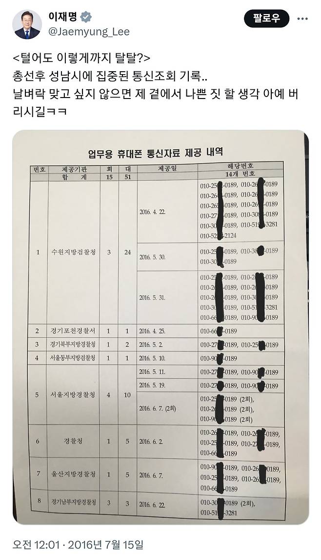 이재명 더불어민주당 대선 후보가 성남시장 재임 시절인 지난 2016년 7월 자신의 트위터에 올린 내용. 업무용 휴대전화 뒷번호를 공개했는데 '0189'로 끝나는 번호가 여럿 보인다. 트위터 캡처