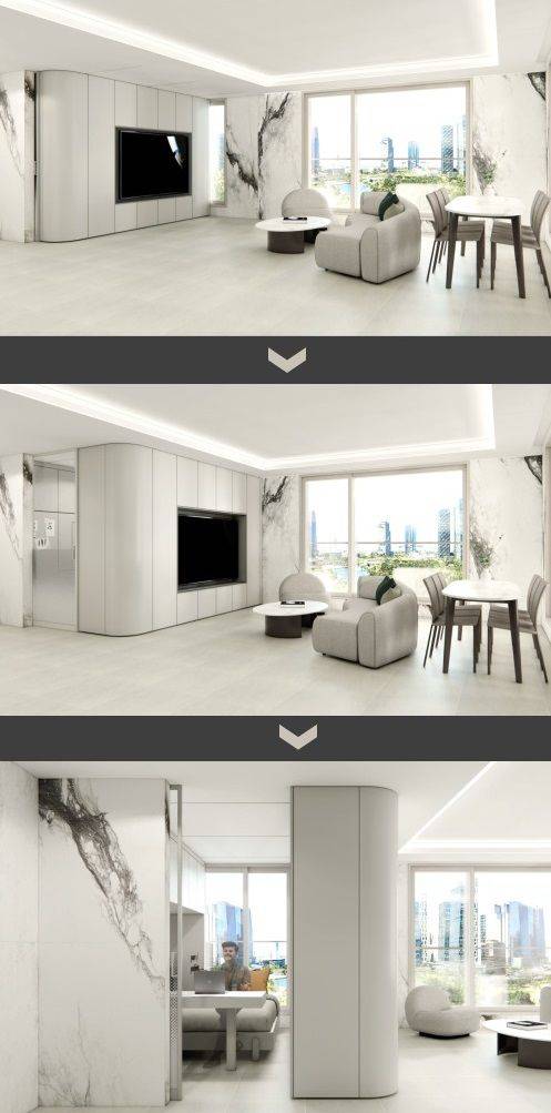 [서울=뉴시스] 현대건설의 ' H 트랜스포밍 월&퍼니처Ⅲ'를 활용하는 모습. 2024.08.13. (자료=현대건설 제공) photo@newsis.com  *재판매 및 DB 금지