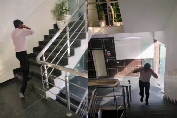 인도의 한 업체에서 한 직원이 귀를 잡고 계단을 오르내리고 있다. 이틀 뒤 퇴사한 직원은 상사가 성과 달성을 못한 벌로 계단 오르내리기를 시켰다며 직장 내 괴롭힘을 주장했다. 링크드인 캡처