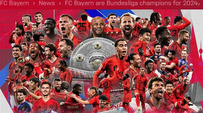 ▲ 바이에른 뮌헨의 공식 우승 기념 사진. 유튜브 섬네일과 전체적으로 같은 구도이며, 오른쪽 상단 해리 케인 아래 김민재의 모습을 볼 수 있다. 따라서 같은 사진임에도 섬네일에는 김민재가 빠졌음을 알 수 있다. ⓒ바이에른 뮌헨 SNS