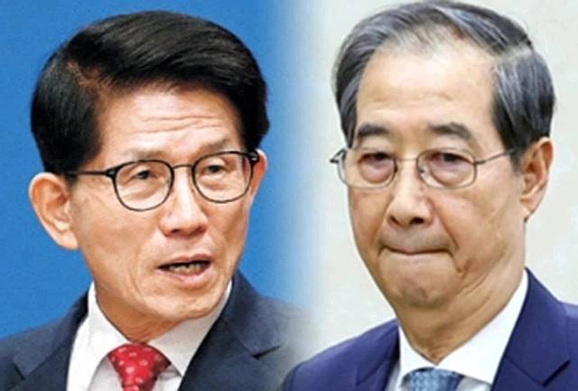김문수(왼쪽 사진) 국민의힘 대선 후보와 한덕수 무소속 예비후보. 윤성호 기자, 연합뉴스