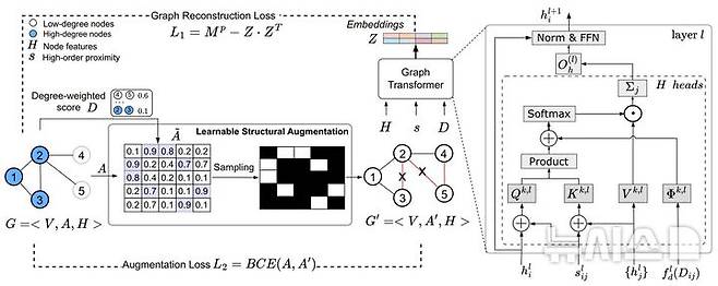 [부천=뉴시스] 차수 편향 문제 해결을 위해 개발된 DegFairGT 모델의 구조와 학습 가능한 구조적 증강 및 구조적 자기 어텐션 메커니즘의 개요도. (사진=가톨릭대학교 제공) 2025.05.07. photo@newsis.com