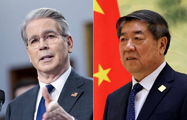 스콧 베선트 미국 재무장관(왼쪽)과 허리펑 중국 국무원 부총리. 연합뉴스