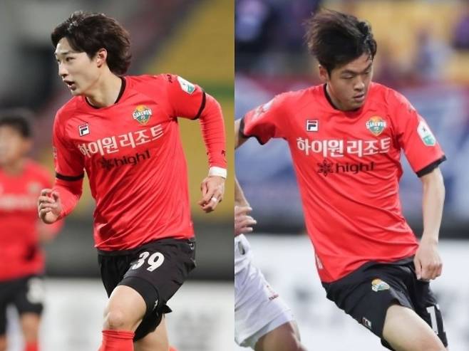 강원은 이지호(왼쪽)와 조진혁의 젊은 날개 조합으로 순위 반등을 꿈꾸고 있다. 6일 제주와 원정경기에서 둘은 후반전 교체 투입된 후 각자 1골씩 뽑으며 3-0 완승에 기여했다. 사진제공|한국프로축구연맹