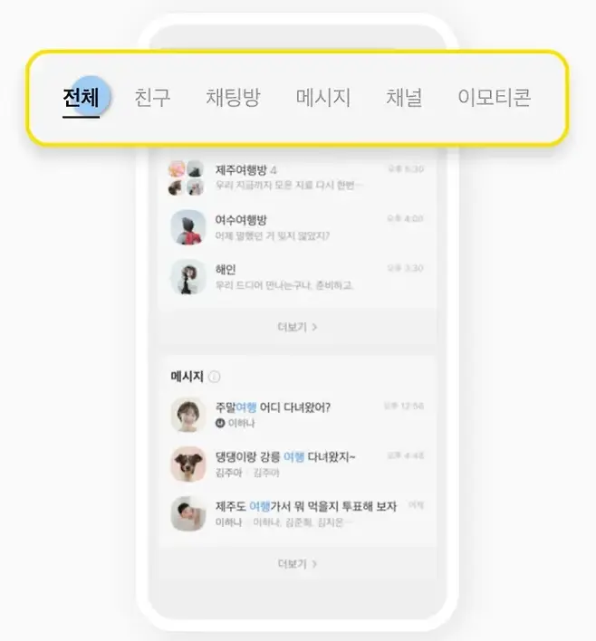 전체 친구 채팅방 메시지 채널 이모티콘 제주여행방 4 오후 530 우리 지금까지 모은 자료 다시 한번 여수여행방 오후 400 어제 말했던 거 잊지 않았지 해인 오후 330 우리 드디어 만나는구나 준비하고 더보기  메시지 0 주말여행 어디 다녀왔어 오후 12 56 6 이하나 댕댕이랑 강릉 여행 다녀왔지 2후 448 김주아 김주아 bay 제주도 여행가서 뭐 먹을지 투표해 보자 어제 이하나 이하나 김준희 김지온 더보기