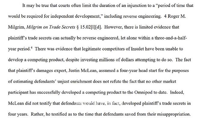 ‘영업비밀 침해’로 약 4년어치의 시간과 비용을 절감한 것으로 판단했지만 ‘영구금지’를 판결했다.(자료=이오플로우-인슐렛 1심 판결문 )