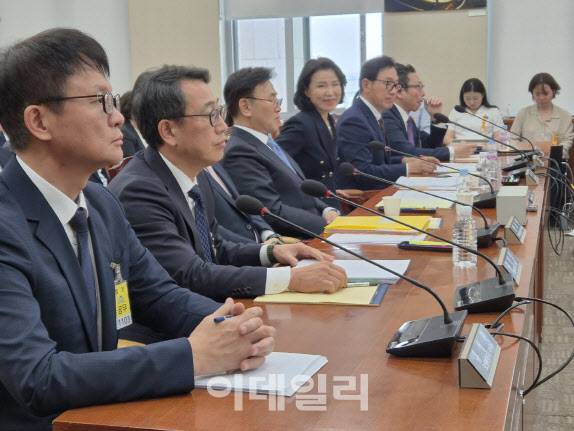 유영상 SKT 대표(좌측 둘째)가 8일 과방위 청문회에 출석했다(사진=임유경 기자)