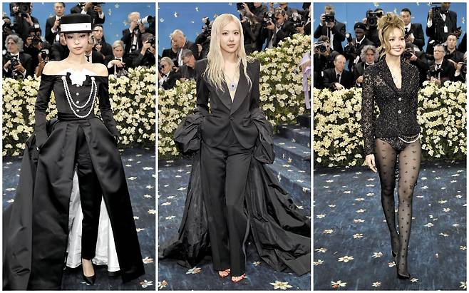 미국의 대표적인 패션 자선 기금 행사 ‘멧 갈라’를 장식한 블랙핑크 멤버 제니·로제·리사./AP 연합뉴스