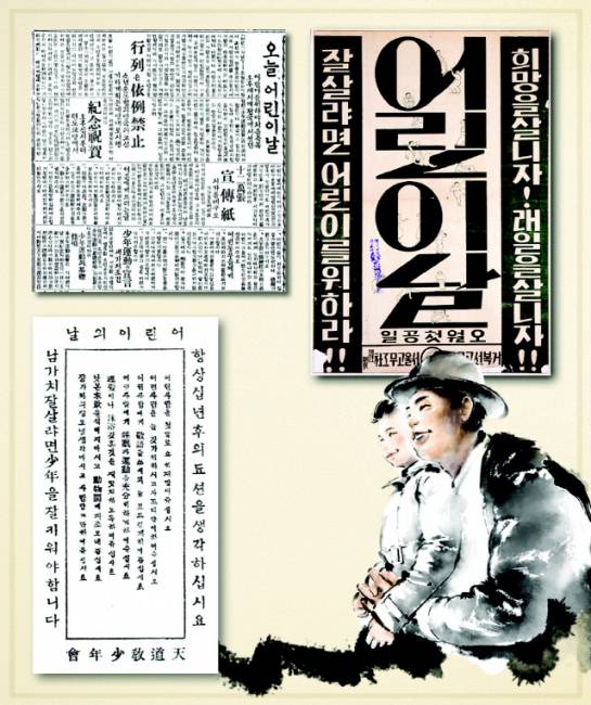 ▲ 1 1923년 5월 1일 동아일보에 실린 ‘오늘, 어린이날’ 기사.   2 1932년 조선어린이날중앙준비회에서 만든 포스터.  3 1922년5월 천도교회월보에 실린 어린이인권존중항목.