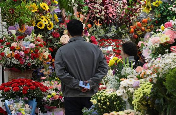 A person looks at carnations for sale at Yangjae Flower Market in southern Seoul on May 1, ahead of Parents' Day, which falls on Thursday this year. [YONHAP]