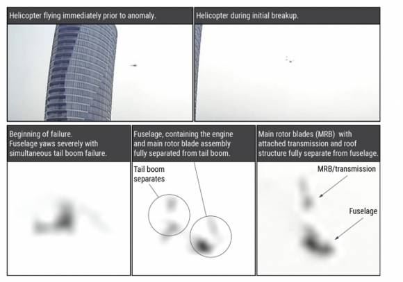 사고 헬기가 허드슨강에 추락하기 직전 부품들이 떨어져 나가는 모습을 담은 NTSB 보고서에 담긴 이미지. AP 연합뉴스