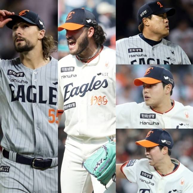 왼쪽부터 라이언 와이스, 코디 폰세, 류현진, 문동주, 엄상백. /사진=한화 이글스 제공