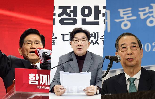왼쪽부터 김문수 국민의힘 대선 후보, 권성동 원내대표, 한덕수 무소속 예비 후보(사진 = 이데일리)
