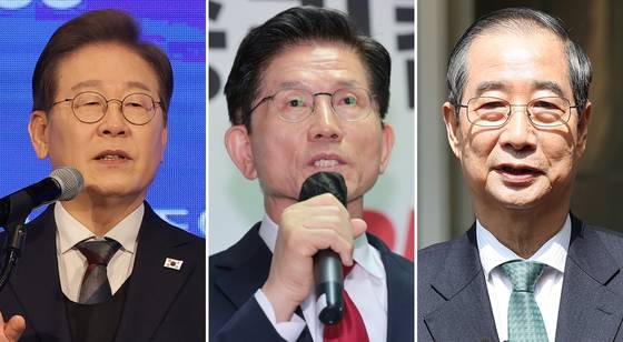 왼쪽부터 이재명 더불어민주당 대선 후보, 김문수 국민의힘 대선 후보, 한덕수 무소속 대선 예비후보. 〈사진=연합뉴스〉