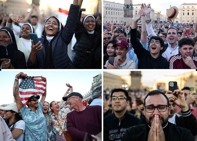 8일 바티칸 성 베드로 광장에 모인 성직자와 신자들이 새 교황 선출 소식에 기뻐하며 환호하고 있다./로이터·AFP·EPA 연합뉴스