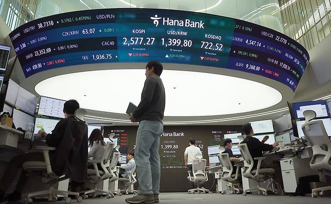 9일 서울 중구 하나은행 본점 딜링룸 모습./뉴스1