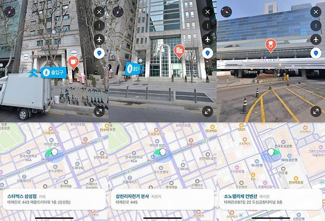 건물 벽에 장소 아이콘으로 방문하고자 하는 장소의 출입구 및 주차장 정보 확인이 가능하다 / 출처=IT동아