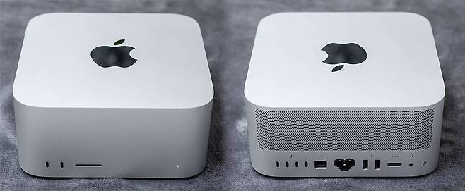 M4 맥스 제품은 전면이 10Gbps C형 단자고, M3 울트라 제품은 썬더볼트 4 규격이다. 후면 단자는 두 제품 구성이 같다 / 출처=IT동아