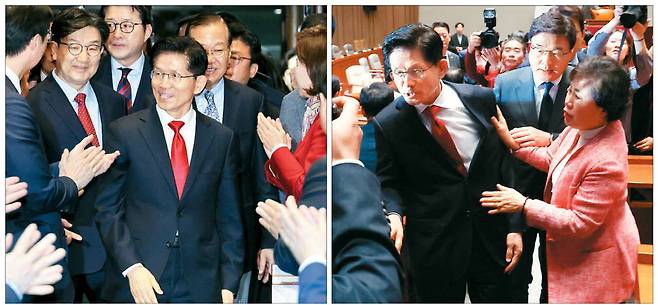 박수 받으며 들어왔지만… 9일 김문수 국민의힘 대선후보가 후보 자격으로는 처음으로 국민의힘 의원총회에 참석했다. 김 후보가 지도부와 함께 의원총회장에 들어서자 의원들로부터 박수와 함께 열렬한 환호를 받았다(왼쪽 사진). 하지만 이 자리에서 "단일화에 응할 수 없다"고 못 박으면서 분위기가 급속히 경색됐으며, 나갈 때는 의원들의 격렬한 항의를 받았다. 뉴스1