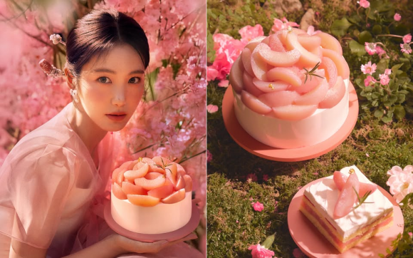 프랜차이즈 카페 투썸플레이스가 최근 홍보에 주력하고 있는 복숭아 생크림 케이크 ‘피치생’. 배우 신예은이 모델을 맡고 있다. 투썸플레이스 인스타그램 캡처