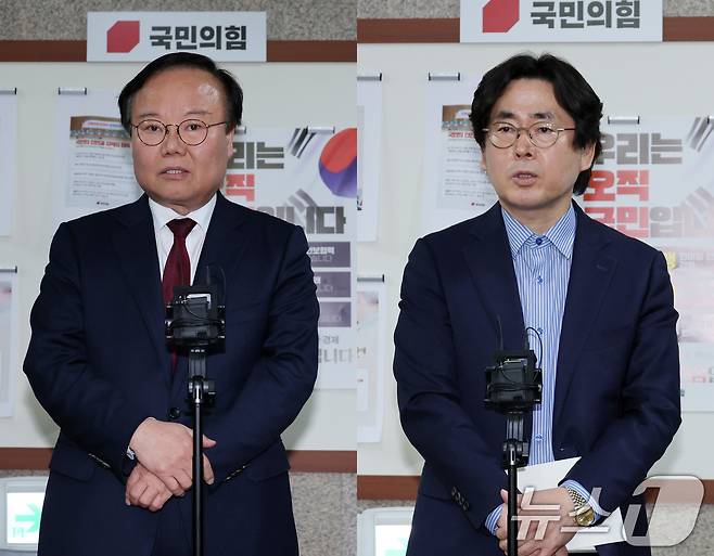 김문수 국민의힘 대통령 후보 대리인인 김재원 비서실장(왼쪽)과 한덕수 예비후보 대리인인 윤기찬 정책 대변인이 10일 서울 여의도 국회에서 단일화 협상 관련 회동을 마치고 각각 브리핑을 하고 있다. 2025.5.10/뉴스1 ⓒ News1 안은나 기자