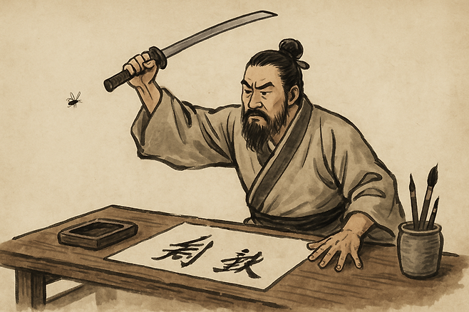 견문발검(見蚊拔劍)이나 노승발검(怒蠅拔劍)은 아주 사소한 일에 크게 대응을 한다는 의미로 아주 작은 일에도 너무 크게 화를 내면서 큰 노력을 기울이는 태도를 비유하는 말이다. 챗GPT에 의한 AI생성 이미지.