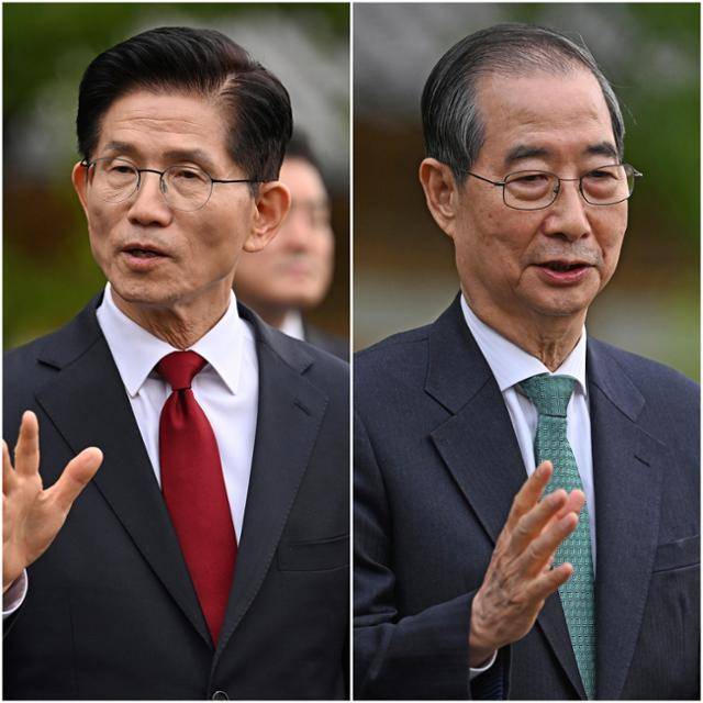 김문수 국민의힘 대선 후보와 한덕수 무소속 대선 예비후보가 8일 오후 서울 여의도 국회 강변서재에서 후보 단일화 관련 회동을 마친 뒤 언론 브리핑을 하고 있다. 고영권 기자