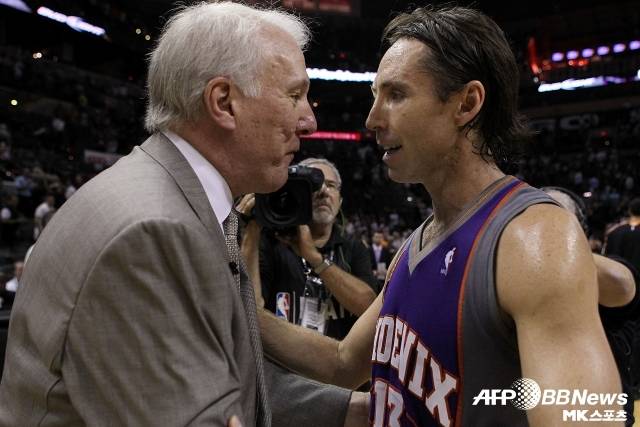 스티브 내쉬 역시 그렉 포포비치 감독에 대한 찬사를 이어갔다. 그는 “나는 항상 포포비치를 존경했다. 그가 자기 신념을 위해 목소리를 낸 방식에 대해선 더욱 그랬다. 이권에 대한 믿음, 소외되거나 불리한 처지에 있는 사람들에 대한 태도 등 모두 말이다”라며 “포포비치는 단순히 훌륭한 코치, 조직의 리더가 아니다. 그 방식 자체가 큰 본보기가 됐다. 그리고 리그 전체에 보여준 태도는 정말 귀감이 됐다고 생각한다”고 전했다. 사진=AFPBBNews=News1