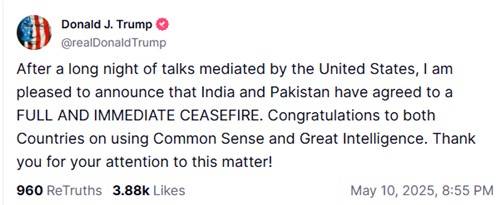 "인도·파키스탄, 휴전 합의" [도널드 트럼프 미국 대통령 트루스소셜 캡처. 재판매 및 DB 금지]