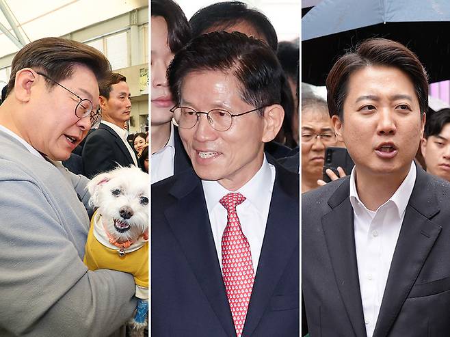 (왼쪽부터) 이재명 더불어민주당 대선 후보, 김문수 국민의힘 대선 후보, 이준석 개혁신당 대선 후보. 사진=연합뉴스