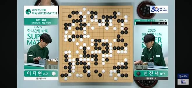 중반 전투가 끝나갈 즈음의 인공지능 승리 예상 그래프는 검은색으로 채워져 있다.(사진 바둑TV 캡처)