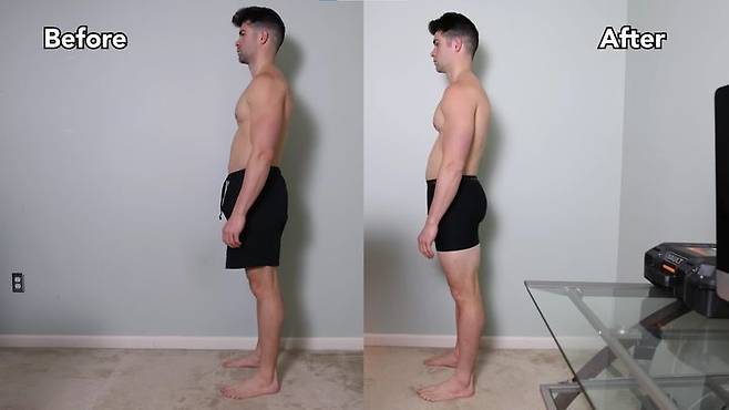 5일간 앉지 않고 생활하는 실험을 진행한 루카스볼의 실험 전(왼쪽)과 후 모습. 유튜브 캡처