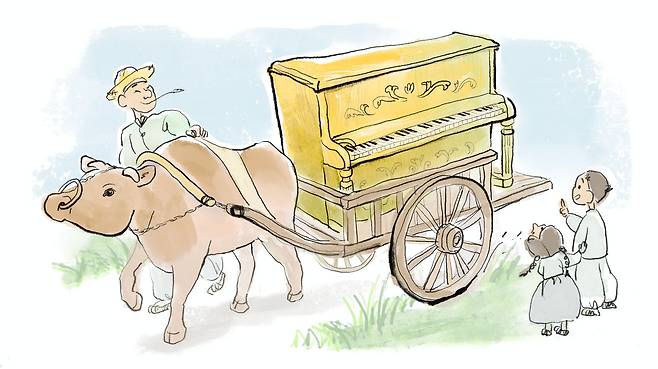 1893년 12월 제물포항에 도착한 선교사 에비슨의 피아노는 소달구지에 실려 서울까지 왔다. 50킬로미터나 되는 여정이었다. 피아노는 에비슨 집에 무사히 도착했다. 가족들은 피아노 주위에 모여 우렁차게 찬송가를 불렀다./일러스트=조선디자인랩 정다운