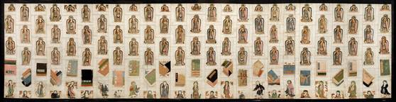 서울공예박물관 특별전에 선보이는 보물 자수가사(19세기). 첫째 단에 부처, 둘째와 셋째 단에 보살, 넷째 단에 경전, 다섯째 단에 부처 제자인 존자들로 구성하여 총 125개 도상을 수놓은 25조 대가사다. 사진 서울공예박물관