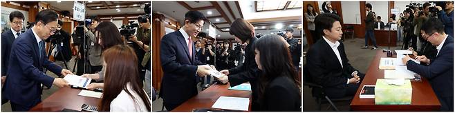 중앙선거관리위원회는 11일 제21대 대통령 선거 후보 등록을 마감했다. 전날 이재명 더불어민주당 대선 후보를 대신해 등록을 하고 있는 김윤덕 민주당 사무총장, 이날 후보 등록을 한 김문수 국민의힘 대선 후보, 전날 등록한 이준석 개혁신당 대선 후보(왼쪽 사진부터). 연합뉴스