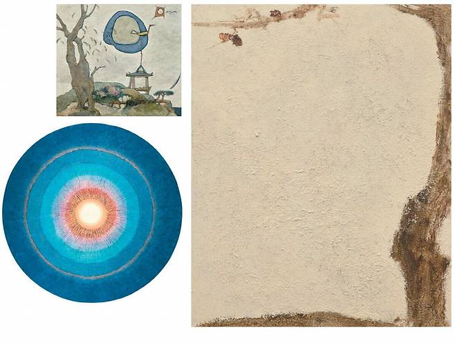 방혜자 '하늘의 땅', 강요배 '허공과 나무', 권옥연 '살구꽃 필 무렵'(왼쪽부터 시계방향).
 국립현대미술관 이건희컬렉션