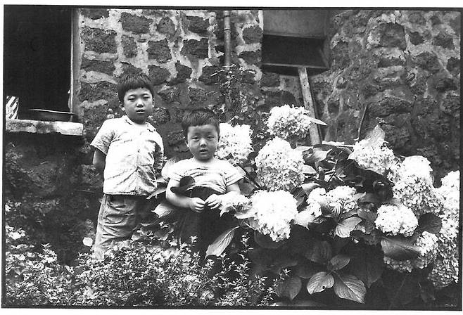 [제주=뉴시스] 돌담에 시멘트를 입힌 집에 형제로 보이는 어린이 사이로 원예 수국 등으로 만든 꽃밭 정원이 보인다. 사진은 1970년대 모습으로 추정된다. 출처는 제주도교육박물관 기획도록인 '만농홍정표선생 사진유품집'. photo@newsis.com *재판매 및 DB 금지