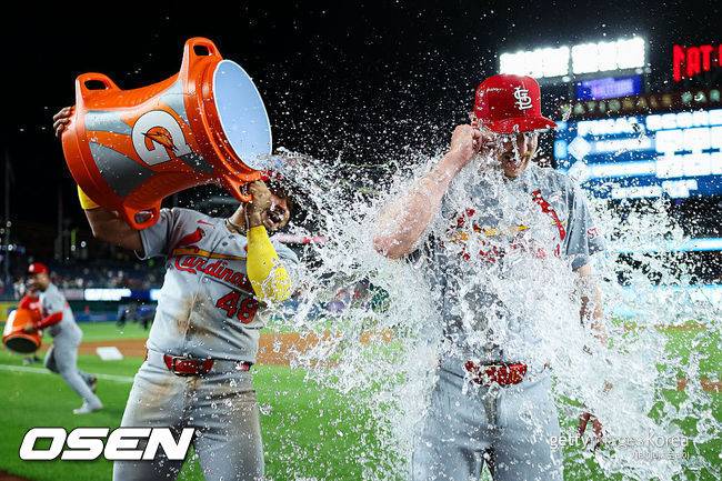 [사진] 세인트루이스 에릭 페디가 완봉승을 거둔 뒤 동료들로부터 물 세례를 받고 있다. ⓒGettyimages(무단전재 및 재배포 금지)