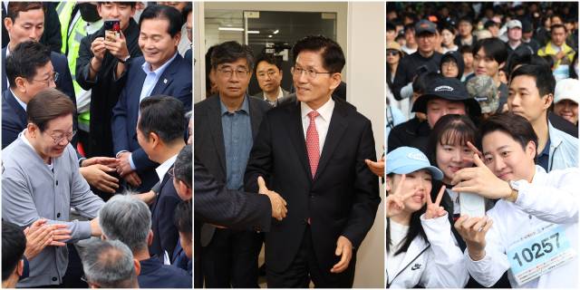 제21대 대통령선거 공식 선거운동 시작을 하루 앞둔 11일 남도문화벨트 골목골목 경청투어에 나선 이재명(왼쪽부터) 더불어민주당 대선 후보, 국민의힘 당사로 들어서는 김문수 국민의힘 대선 후보, 다이아몬드브릿지 걷기축제에 참가해 시민들과 기념촬영하는 이준석 개혁신당 대선 후보의 모습. 연합뉴스