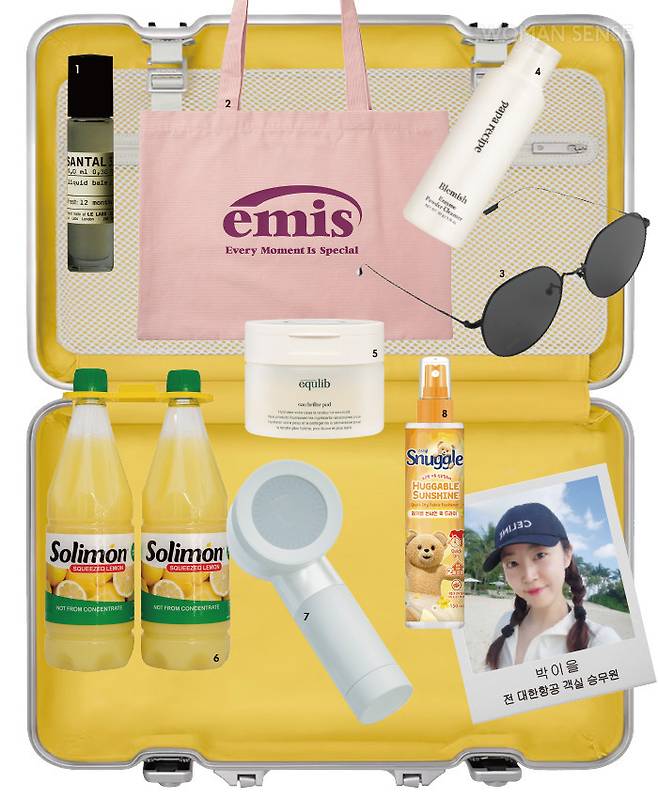 1 르 라보 상탈 33 리퀴드 밤 잔향이 오래가며, 롤온 타입의 제품으로 어디서나 간편하게 향을 즐길 수 있다. 9ml 13만9천원 2 이미스 코듀로이 에코백 여행지에서 보조 가방으로 제격. 캐리어에서 부피를 적게 차지할 뿐만 아니라 컬러풀한 색감이라 어디든 잘 어울린다. 6만9천원  3 라피스센시블레 나노 13 자외선 차단은 물론 13g 초경량으로 오래 착용해도 귀에 무리가 없다. 가벼운 선글라스를 찾는다면 추천. 25만8천원 4 파파레서피 블레미쉬 효소파우더 클렌저 쌀가루, 파파인 효소, PHA 등의 성분으로 세안과 스크럽을 한 번에 해결한다. 가루 타입이라 가벼운 건 물론 순한 각질 케어로 여행 시 필수템으로 챙겨 다닌다. 50g 1만8천원  5 이퀄리브 오 브리에 패드 세안 후에는 토너 패드를 얼굴 곳곳에 붙여 팩처럼 사용이 가능하다. 순한 저자극 패드가 햇볕으로 붉어진 피부를 진정시킨다. 60매 2만9천8백원  6 코스트코 솔리몬 스퀴즈드 레몬주스 아침에 미지근한 물에 레몬즙을 타서 마시는 걸 루틴으로 지키는 편. 스페인산 레몬을 그대로 착즙한 진한 레몬 맛이 특징이다. 1L×2병 9천9백원  7 퓨어썸 여행용 미니 샤워기 작은 사이즈와 깔끔한 디자인이 특징으로 동남아 여행의 필수템으로 꼽힌다. 샤워기 헤드 자체를 교체해 더욱 안심하고 사용할 수 있다. 3만1천9백원  8 스너글 섬유 탈취제 허거블 선샤인 포근하고 편안한 향이 캐리어 속에 있던 옷의 냄새 제거를 도와준다. 150ml 5천7백원