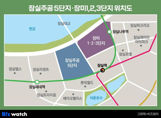 서울 송파구 잠실동 '잠실주공5단지', 신천동 '장미1·2·3차' 위치도/그래픽=비즈워치
