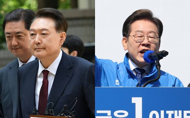 12일 내란우두머리 혐의로 공판 참석하는 윤석열 전 대통령(왼쪽)과 같은 날 선거출정식을 갖는 이재명 더불어민주당 대선 후보. (사진=공동취재단/이데일리 방인권 기자)