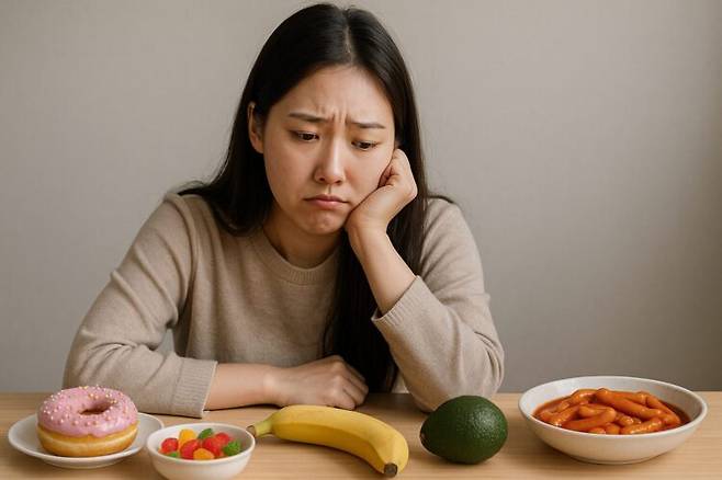 우울할 때마다 달콤한 간식을 찾으면 건강이 나빠질 수 있다. 건강을 지키면서 우울감을 날릴 수 있는 음식에는 바나나, 아보카도, 녹색 채소, 기름진 생선 등이 있다. [사진=AI 이용해 생성]
