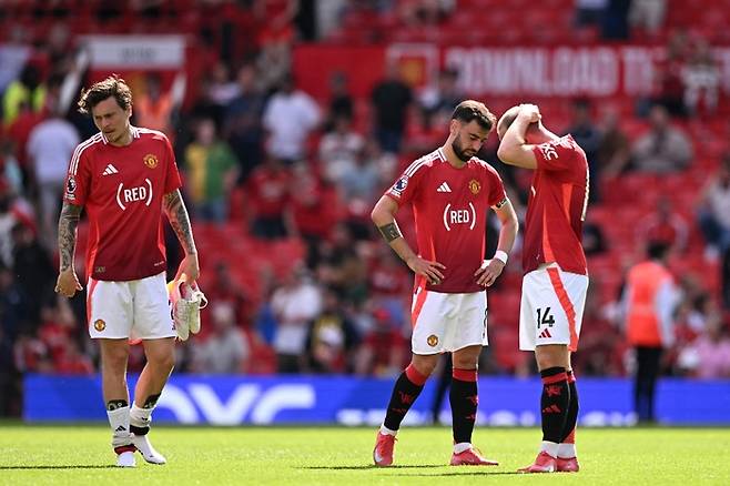 패배 후 좌절하는 맨체스터 유나이티드 선수들. AFP연합뉴스