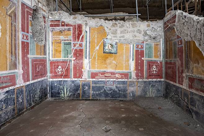 서기 79년에 화산 폭발로 묻힌 폼페이의 헬레와 프릭소스의 집의 채색된 방. /폼페이 고고학 공원